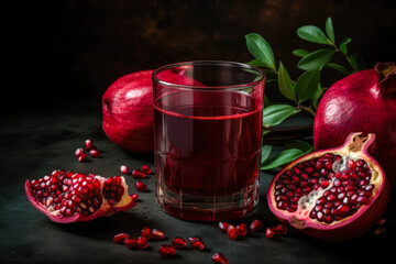 Wall Mural - Glass of pomegranate juice near fresh juicy pomegranates on black background. Created with Generative AI.