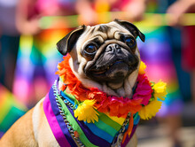 Pug Dog In Pride Parade. Concept Of LGBTQ Pride. AI Generated