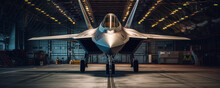 F-22 Raptor Parked Inside A Military Hangar. Generative AI