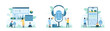 Sound editing set vector illustration. Cartoon tiny people edit digital sound with editor app on mobile phone screen, software of computer or laptop to control and mix audio waves of music or voice