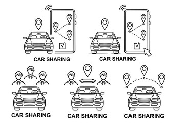 Car sharing service, rent auto transport line icon set. Online rental automobile. Passenger carsharing. Urban carpooling, search road vehicle, travel route, location pointer in mobile phone app vector