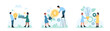 © Flash Vector - Business ideas set vector illustration. Cartoon tiny people holding light bulb to give and share creative money idea and smart solution, bubble with five stars rating to recommend project and gears