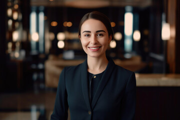 A friendly female hotel clerk with a big smile. Generative AI