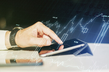 Poster - Double exposure of abstract creative financial diagram with finger clicks on a digital tablet on background, banking and accounting concept