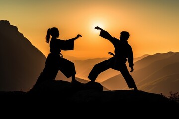 Wall Mural - Couple practicing martial arts on the top of a mountain. Generative AI