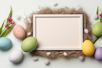 Wall Mural - Colorful Easter Eggs with white frame copy space , Generative Ai