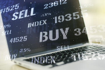 Aufkleber - Multi exposure of abstract creative financial chart on computer background, research and analytics concept