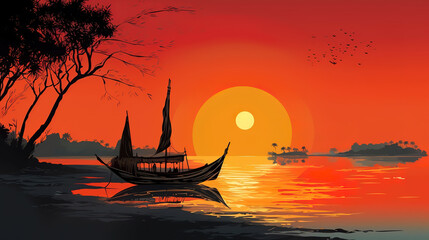 Poster - Traditional long tail boat in sunset at koh Hong island. Generative ai