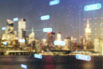 Poster - Multi exposure of abstract graphic coding sketch on blurry skyscrapers background, big data and networking concept