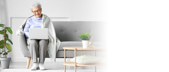 Senior woman using laptop on sofa at home. Banner for design