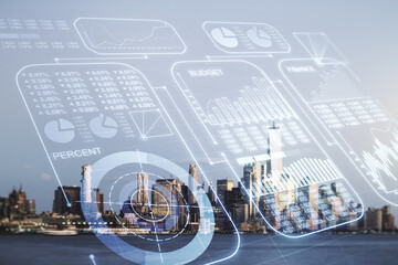 Poster - Multi exposure of abstract statistics data hologram interface on Manhattan office buildings background, computing and analytics concept