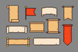 Papyrus scroll collection 8 bit sprite. Pixel vintage scrolls ribbons, ancient manuscripts, parchment banners. Manuscript template with paper ripped sides, pixel art.