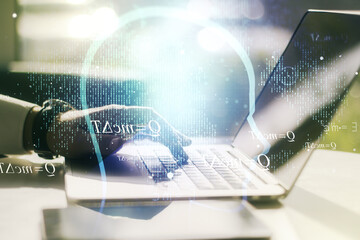 Poster - Creative artificial Intelligence concept with human head sketch and hands typing on computer keyboard on background. Double exposure