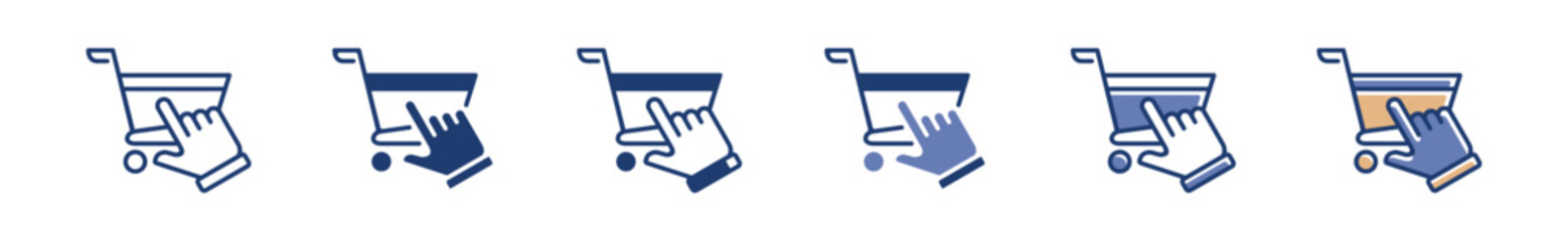 Poster - Hand pointer clicking cart icon vector. online purchase product symbol for web and app template design