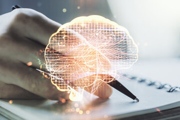 Poster - Double exposure of creative human brain microcircuit with man hand writing in notepad on background. Future technology and AI concept