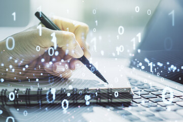 Aufkleber - Creative abstract binary code hologram and hand writing in diary on background with laptop, AI and machine learning concept. Multiexposure