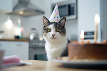 Wall Mural - Domestic cat with party hat in front of birthday cake. Generative AI illustration