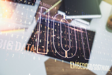 Poster - Creative IOT hologram and modern digital tablet on background, internet of things concept. Multiexposure