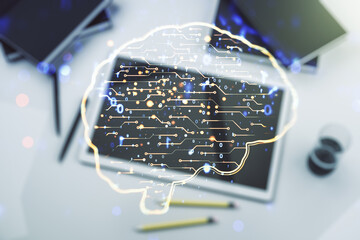 Aufkleber - Creative artificial Intelligence concept with human brain hologram and modern digital tablet on background, top view. Multiexposure