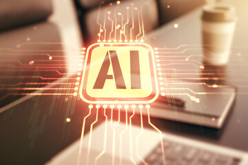 Poster - Creative artificial Intelligence symbol concept with modern laptop on background. Multiexposure