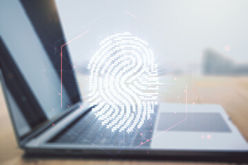 Aufkleber - Multi exposure of creative fingerprint hologram on laptop background, personal biometric data concept