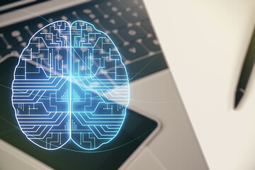 Aufkleber - Double exposure of creative artificial Intelligence symbol with modern laptop on background. Neural networks and machine learning concept