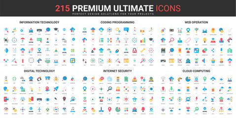 web coding, programming and internet security color flat icons set vector illustration. abstract sym