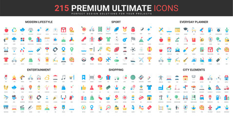 Poster - Modern city and lifestyle color flat icons set vector illustration. Abstract symbols of sport workout planner, urban elements and entertainment, shopping simple design for mobile and web apps