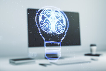 Aufkleber - Creative light bulb with human brain hologram on modern laptop background, artificial Intelligence and neural networks concept. Multiexposure