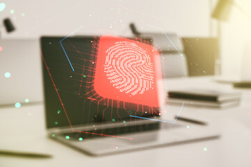 Aufkleber - Double exposure of abstract creative fingerprint hologram on laptop background, research and development concept