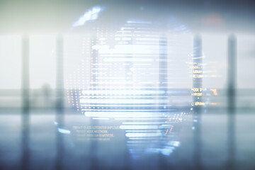 Aufkleber - Multi exposure of abstract programming language hologram and world map on abstract empty interior background, artificial intelligence and neural networks concept