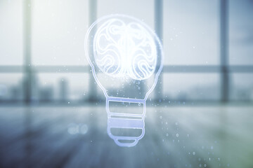 Poster - Abstract virtual creative light bulb with human brain hologram on empty classroom background, artificial Intelligence and neural networks concept. Multiexposure