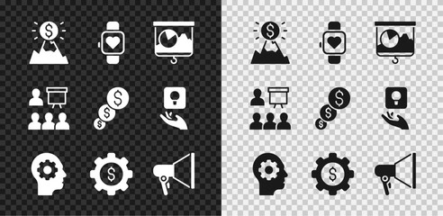 Poster - Set Mountains with flag, Smart watch, Chalkboard chart, Human head gear inside, Gear dollar, Megaphone, Training, presentation and Financial growth and icon. Vector