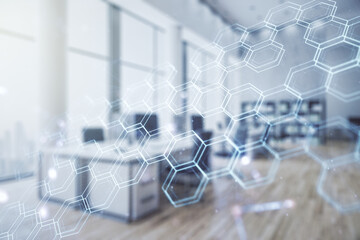 Aufkleber - Abstract virtual technology sketch with hexagon grid on a modern furnished office interior background, future technology and AI concept. Double exposure