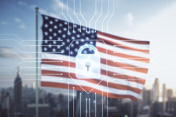 Poster - Virtual creative lock illustration with microcircuit on USA flag and blurry skyscrapers background, cyber security concept. Multiexposure