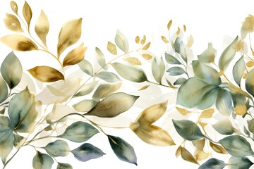 Wall Mural - Watercolor seamless border - illustration with green gold leaves and branches, for wedding stationary, greetings, wallpapers, fashion, backgrounds , generate ai