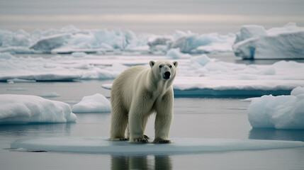 Wall Mural - A polar bear on an ice floe in the arctic sea. Generative AI