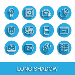 Poster - set line laptop with graph chart, light bulb concept of idea, human head question mark, calculator, 