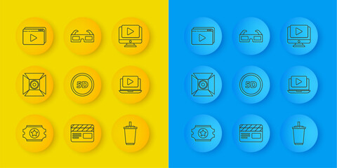 Poster - Set line Cinema ticket, Movie spotlight, 5d virtual reality, Paper glass with water, Online play video, and 3D cinema glasses icon. Vector