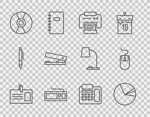 Poster - Set line Identification badge, Pie chart infographic, Printer, Keyboard, CD or DVD disk, Office stapler, Telephone and Computer mouse icon. Vector