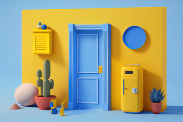 Minimal conceptual scene of summer stuff in a blue door on yellow background. 3d rendering. Generative Ai