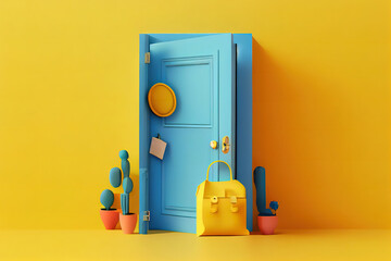 Minimal conceptual scene of summer stuff in a blue door on yellow background. 3d rendering. Generative Ai