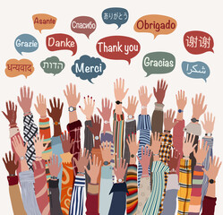 Banner with raised hands of multicultural people from different nations and continents with speech bubbles with text -thank you- in various international languages. Communication. Equal