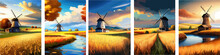 Windmill Farm. Wheat Field. Agriculture. Flour Grinding Mechanism. Windmill. Rural Dutch Landscape With Windmill And Wheat Field. Vertical Format
