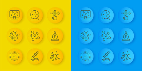 Poster - Set line Processor CPU, Medicine pill, Chemical formula, Molecule, Force of physic, Genetic engineering, Thermometer and Atom icon. Vector