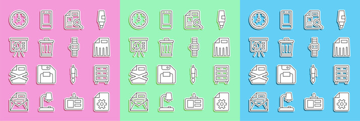 Poster - Set line Document settings, Archive papers drawer, Paper shredder, with graph chart, Trash can, Board, Clock and Wrist watch icon. Vector