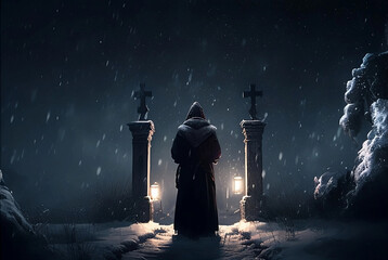 A Painting of a Hooded Person in a Graveyard During a Snowy Night Generative AI