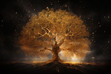 Fantasy, sci-fi, nature, state of mind concept. Golden glowing with star dust tree of life in cosmic space background. Generative AI