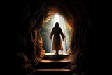 Fototapeta  - Jesus walks the steps to heaven, a ray of light at the end, generative ai