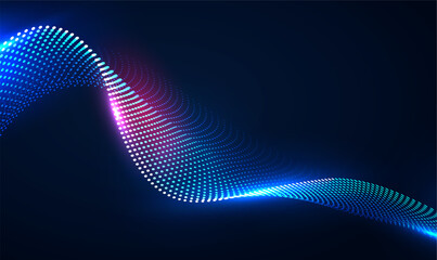 Fototapete - Dynamic particles sound wave flowing over dark. 3d particles mesh array wave, sound flowing. Beautiful 3d wave shaped array of shining blended points. Futuristic Digital technology. Hi-tech. Vector EP